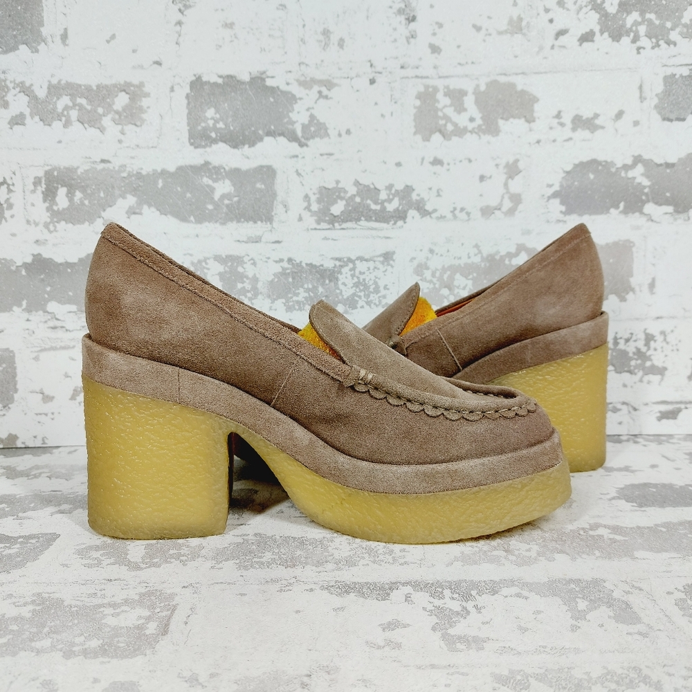 Marc Fisher Taupe Suede Platform Loafers with Yellow Crepe Sole - Picture 3 of 11
